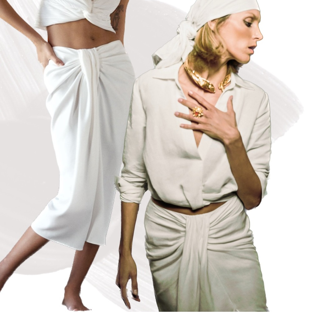 White Ruched Midi Skirt with Slit